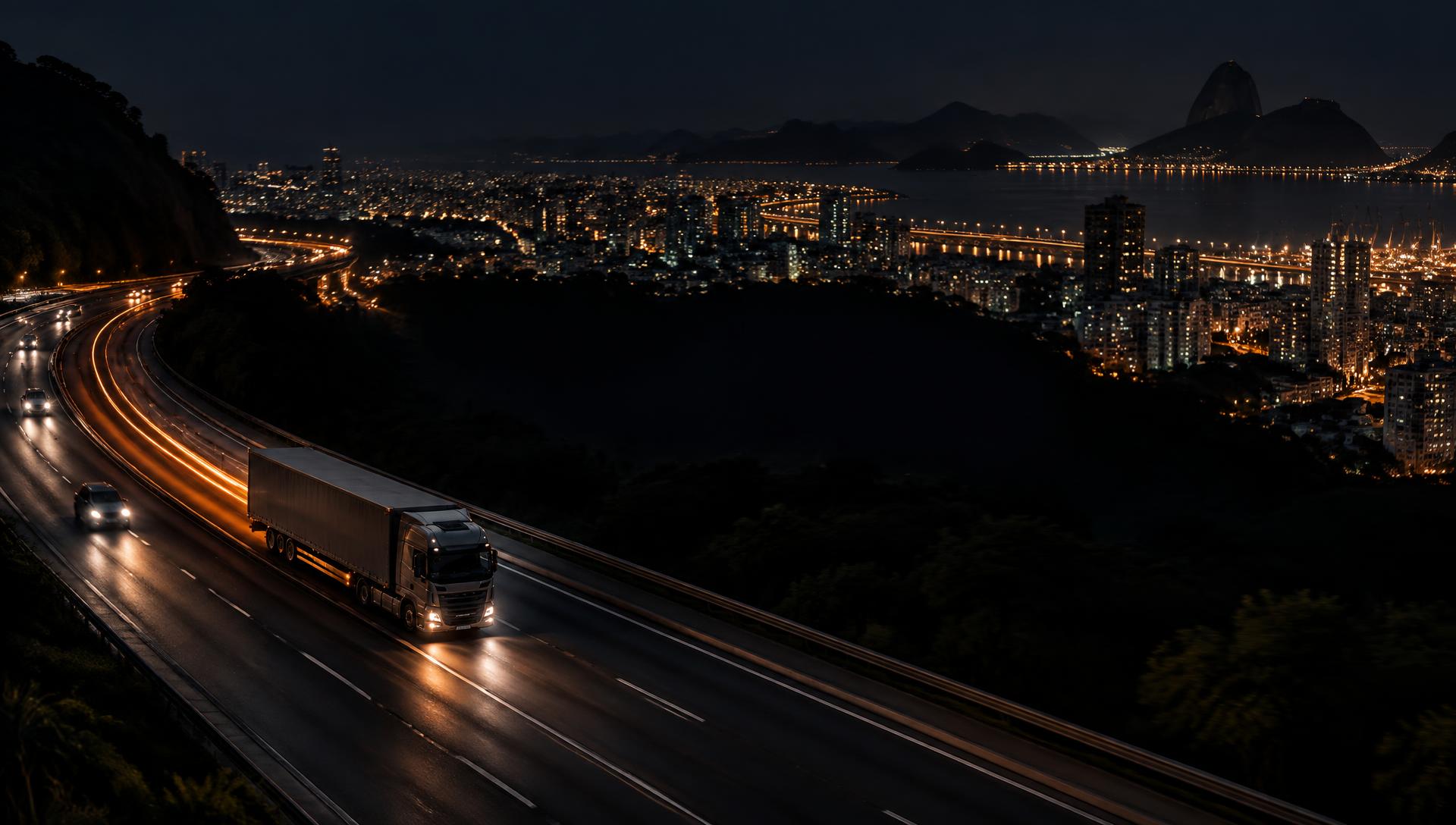 Caminhão de carga percorrendo uma rodovia junto à cidade do Rio de Janeiro à noite